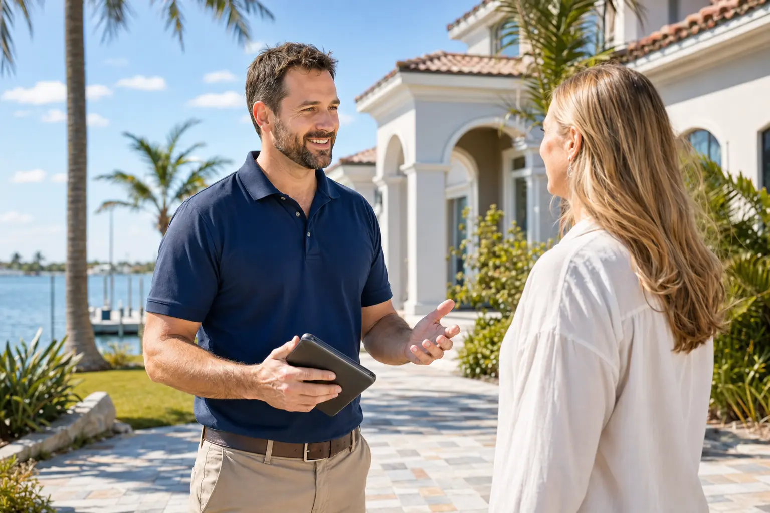 Professional home inspector speaking with a homeowner outside a Southwest Florida coastal home