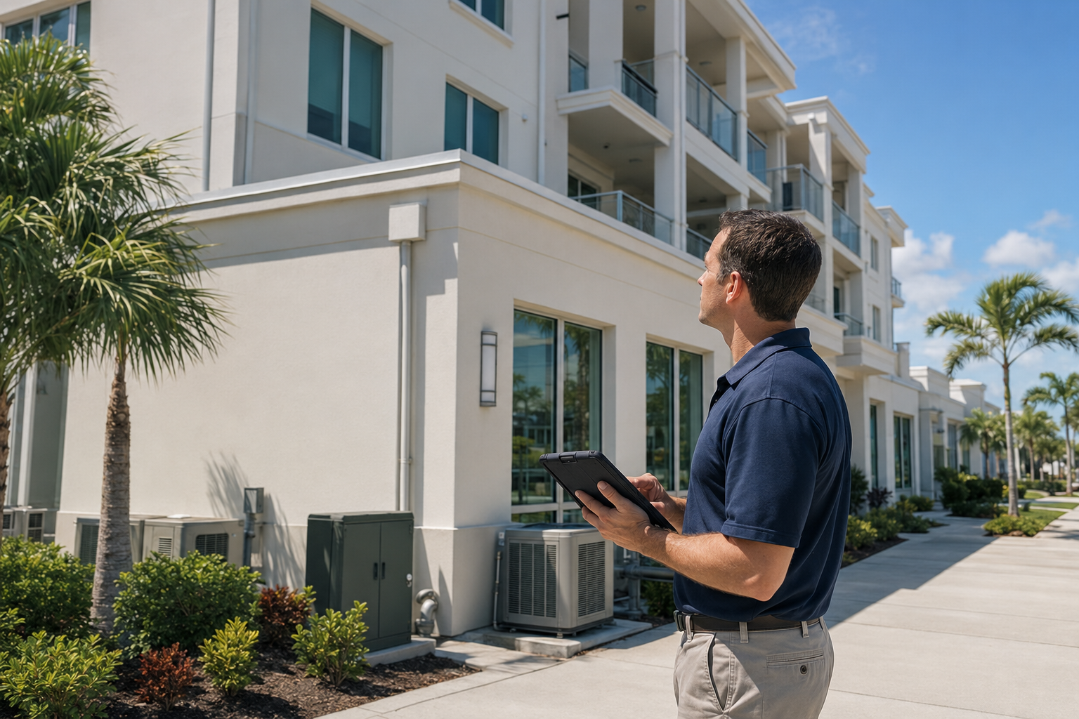 Professional inspector evaluating a Southwest Florida commercial building