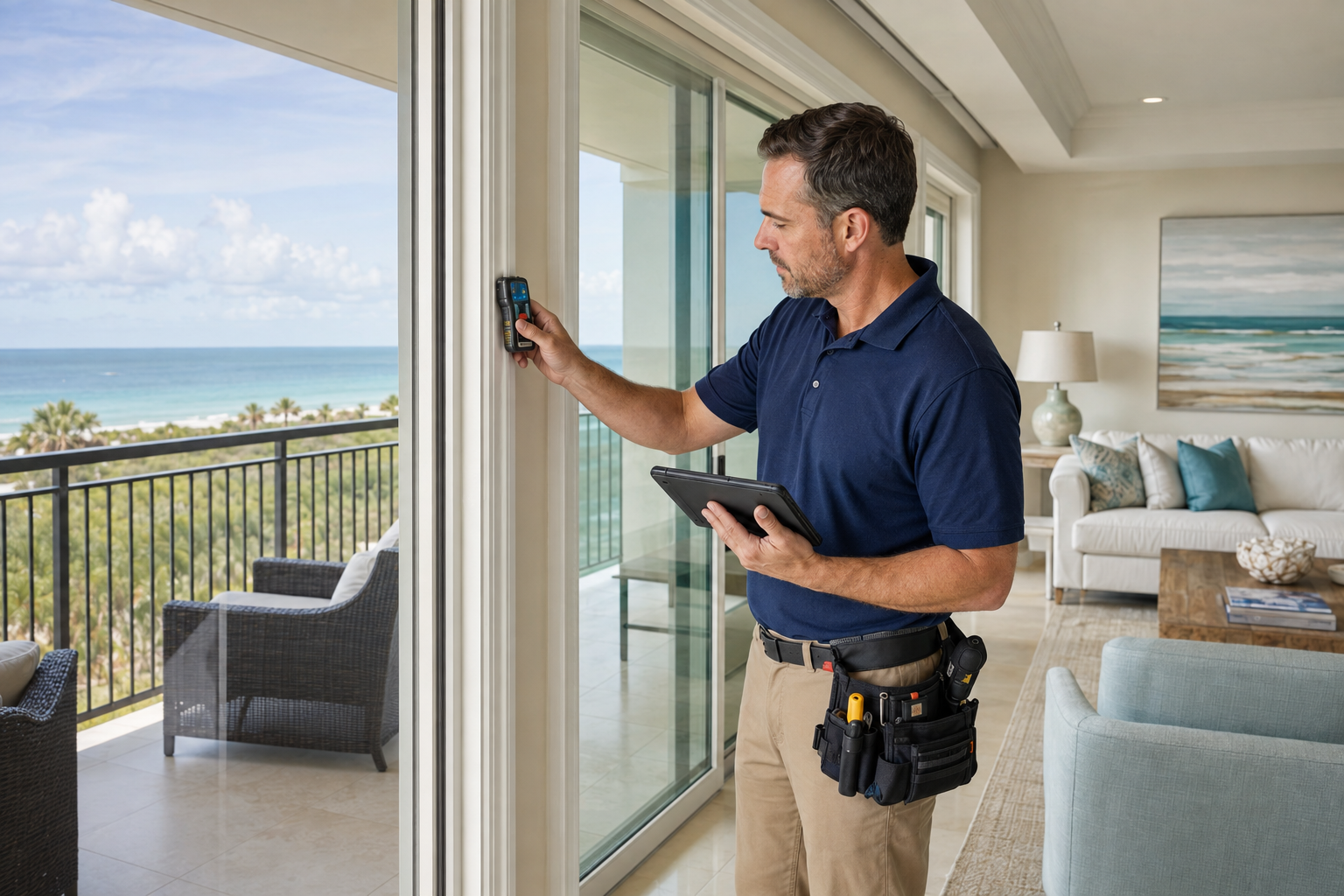 Professional inspector evaluating an upscale Southwest Florida condominium unit
