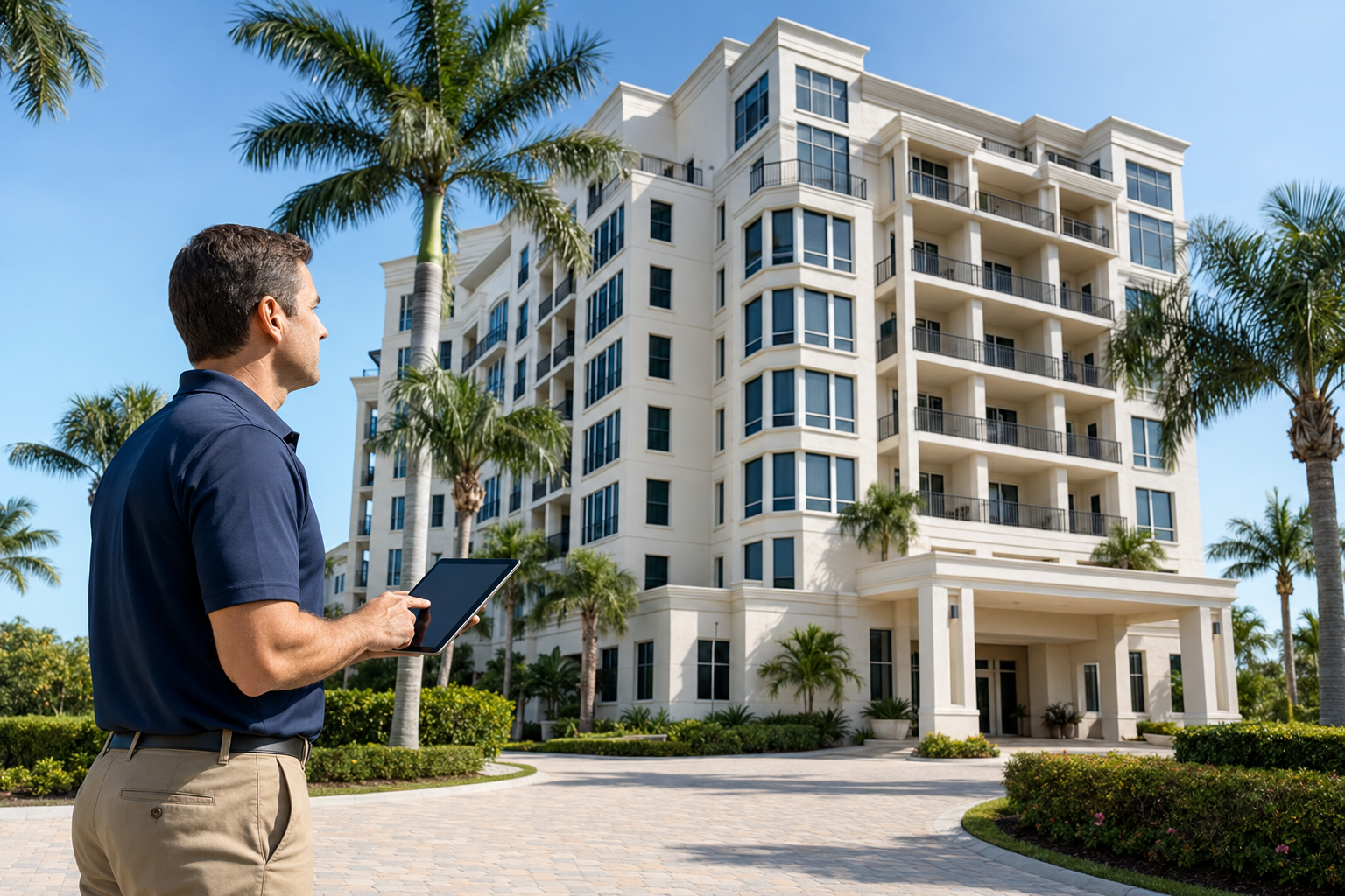 Professional evaluator documenting a Southwest Florida condominium building